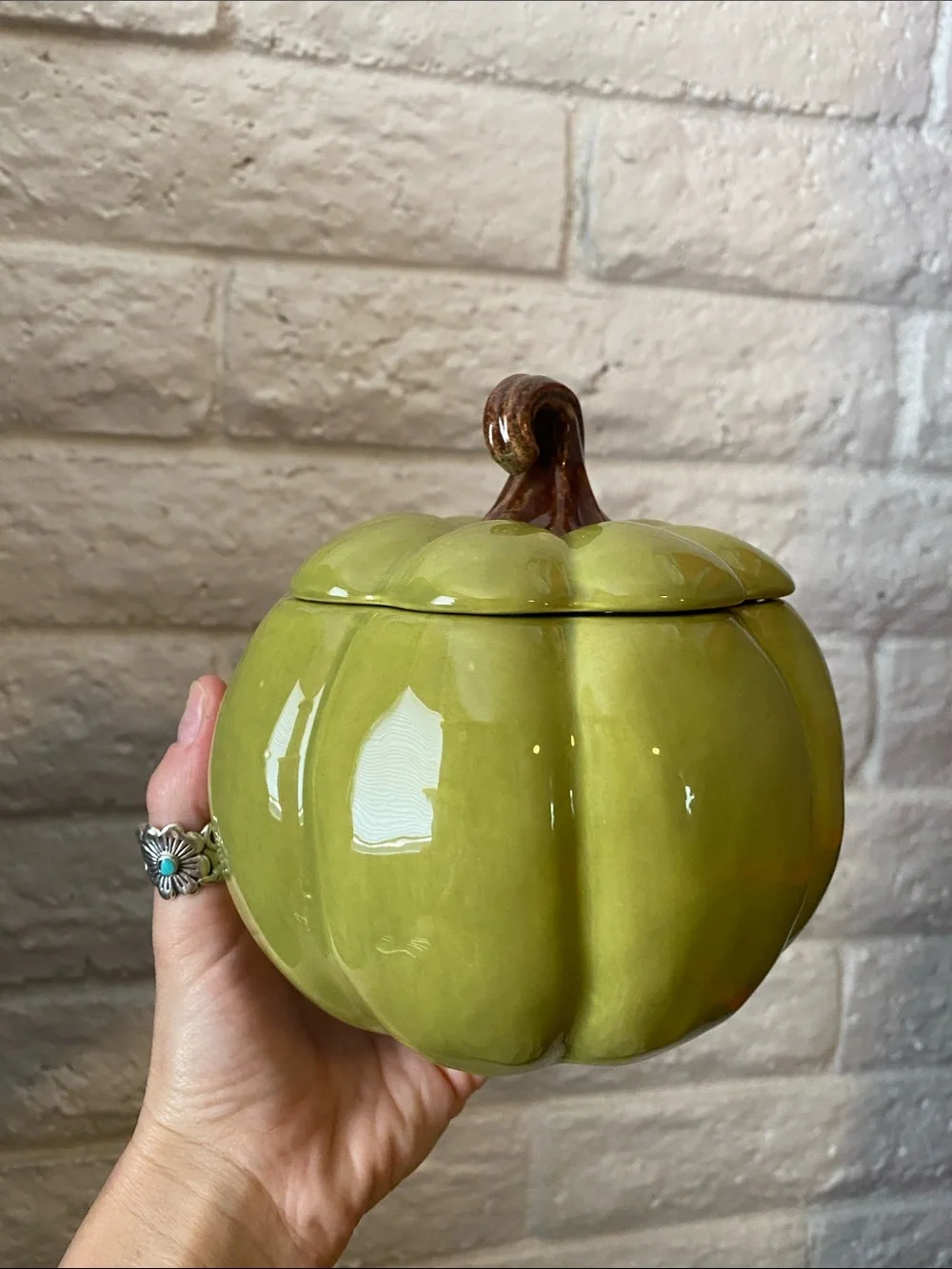 🌼 NEW Green Ceramic Pumpkin Lidded Jar for fall Pumpkin Cookie Jar